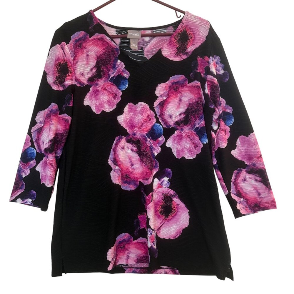 Chico's 1 Top Sz M Black Pink Floral Texture Stretch V Neck Dark Romantic Artsy